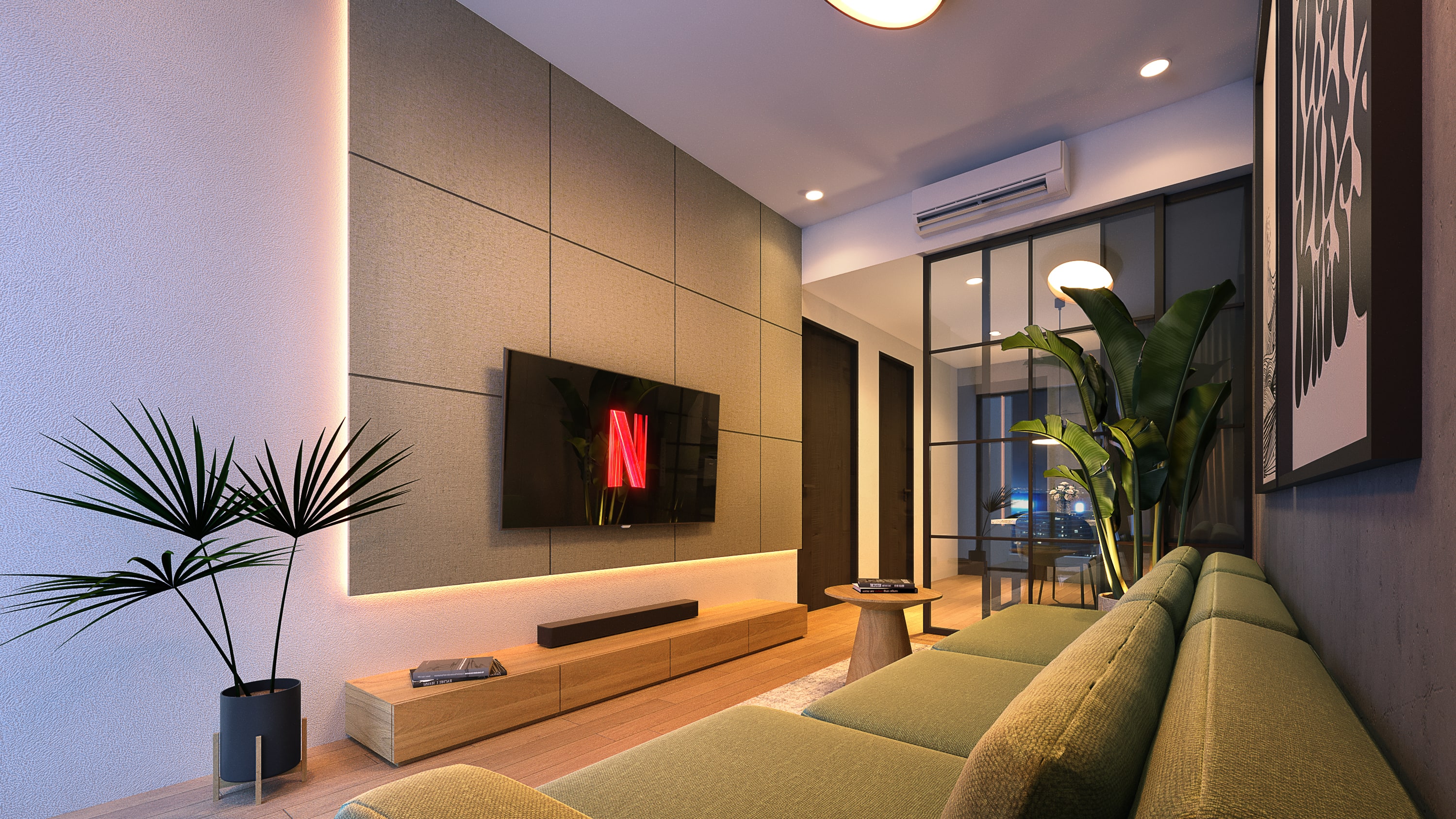 A sophisticated lounge interior with layered lighting and dark natural materials.