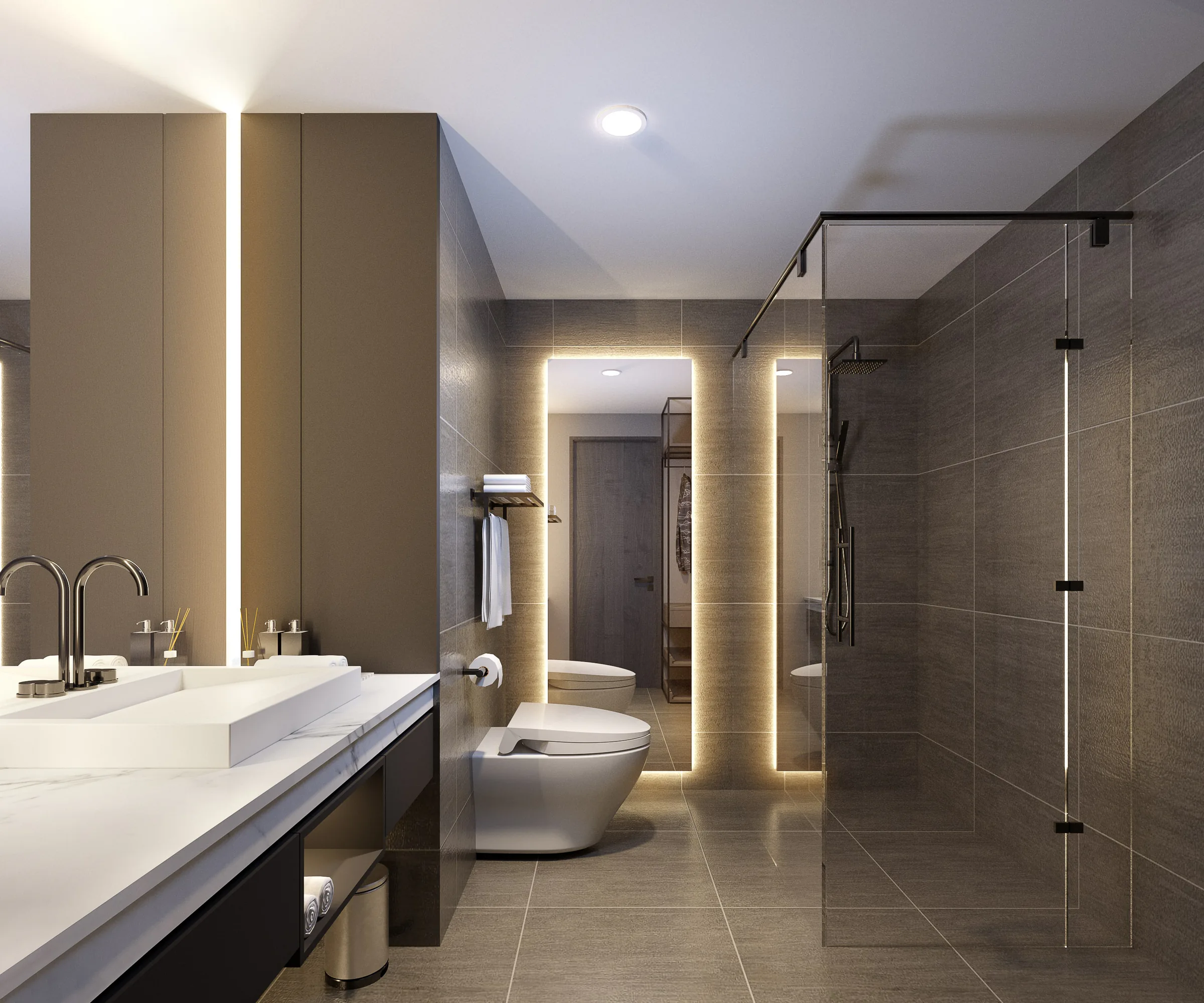 A serene bathroom with clean lines and a calming color scheme.