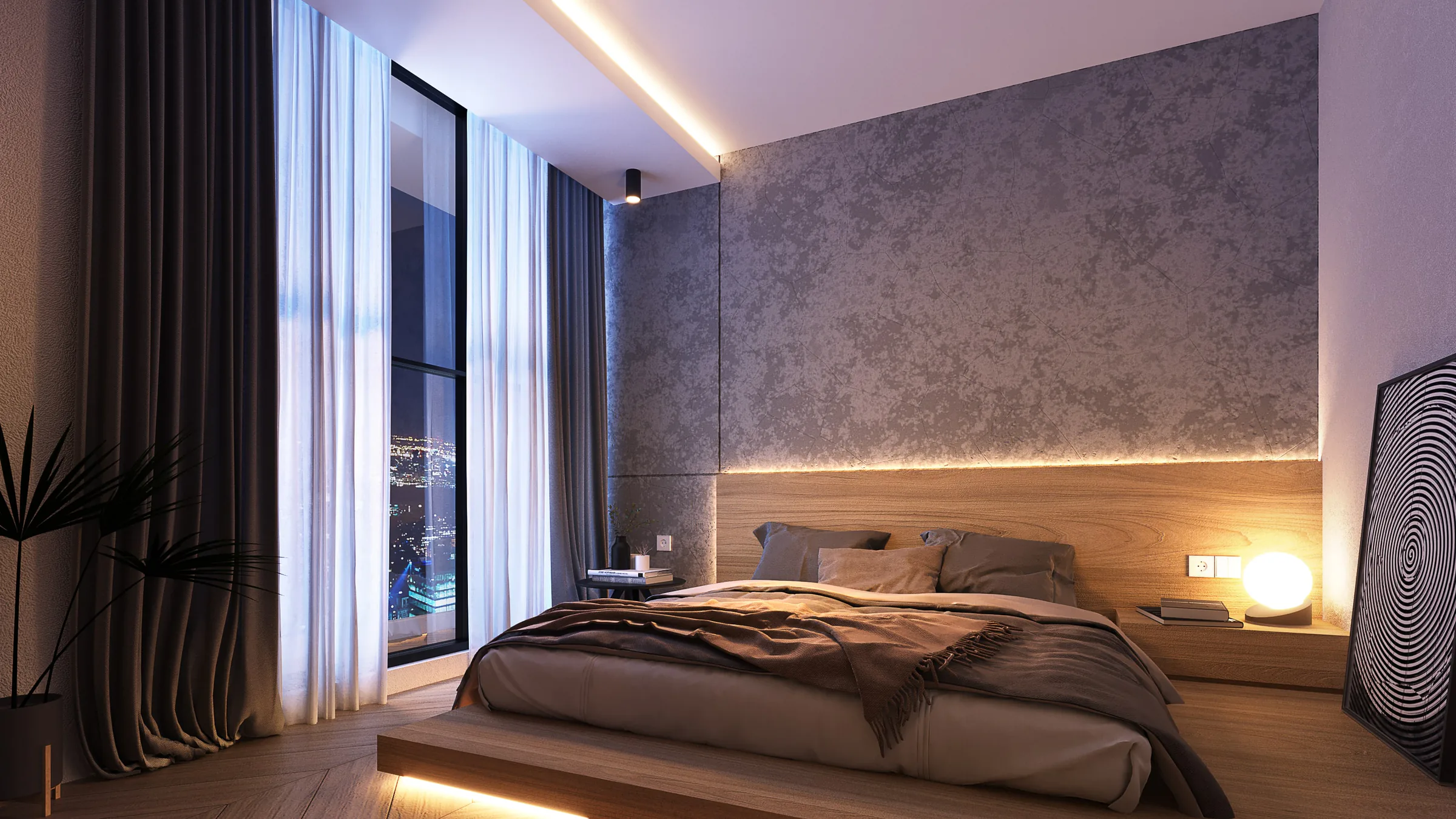 A refined bedroom residence with warm wood, stone surfaces, and soft natural light.