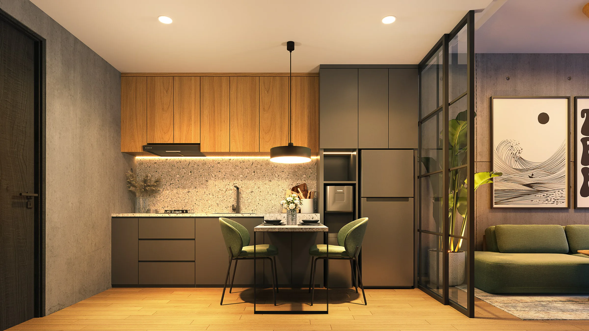 An elegant dining room with warm lighting and crafted interior details.