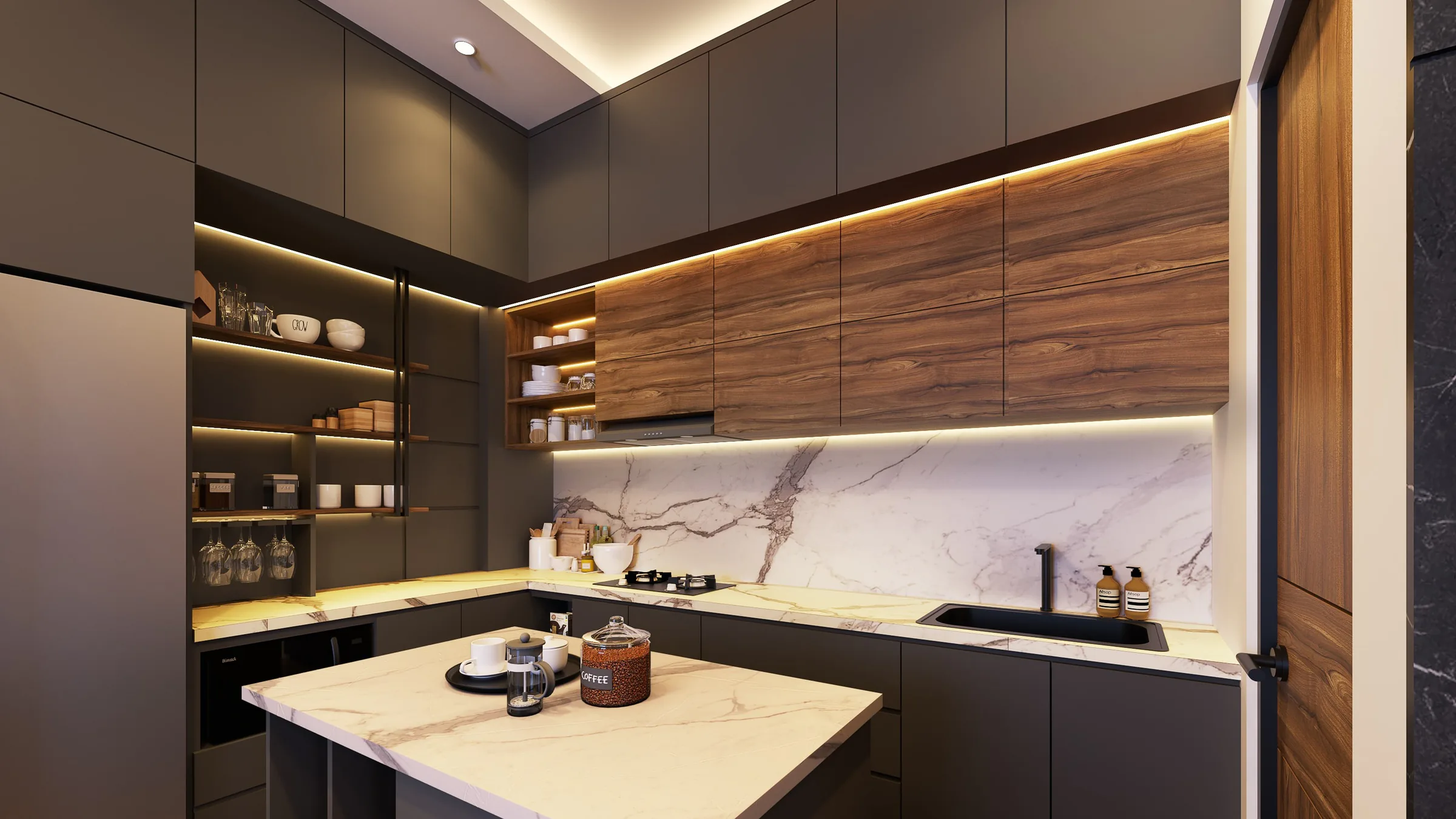 A sophisticated kitchen with modern appliances and a warm, inviting atmosphere.