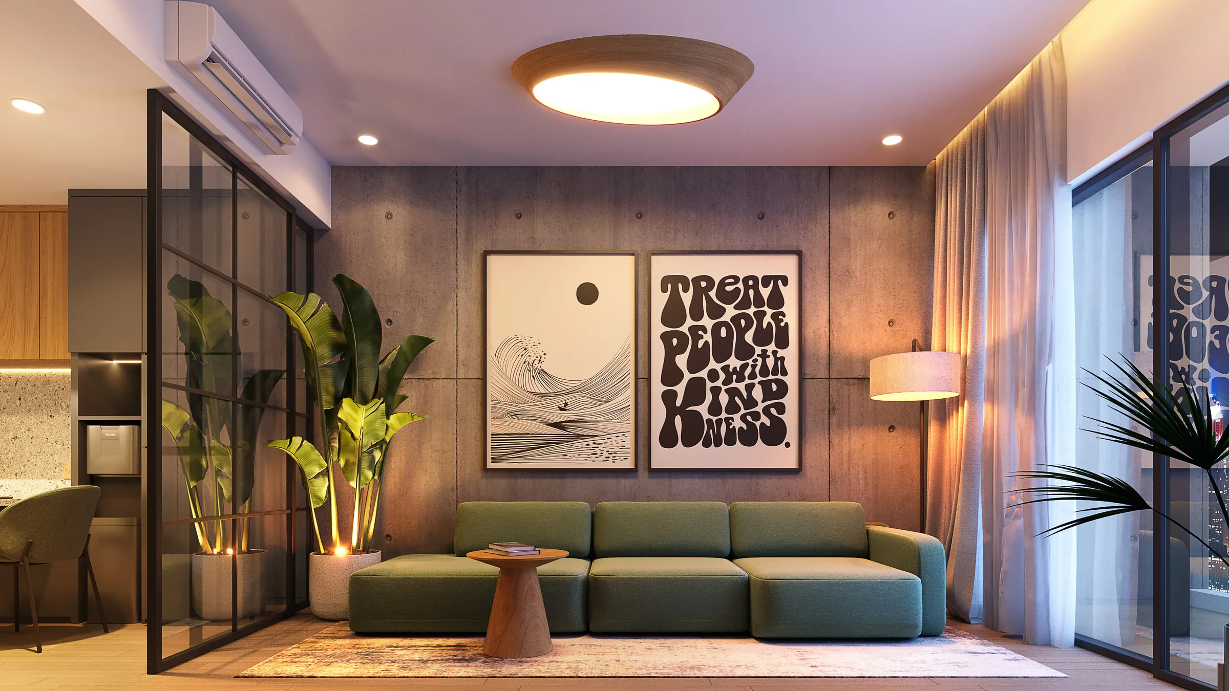 A gallery-like living room with framed artwork, sculptural furniture, and a calm neutral palette.